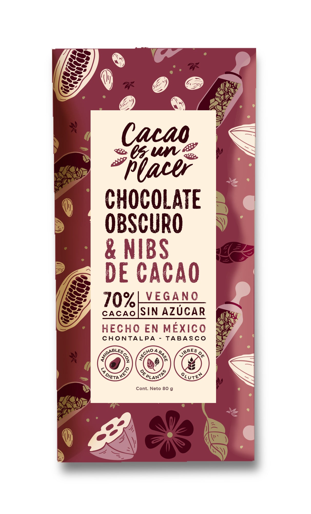 CHOCOLATE OBSCURO & NIBS DE CACAO 70% CACAO 80gr